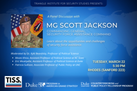 Poster with Details for March 22 event with MG Scott Jackson, 5:30pm in Rhodes Conference Room
